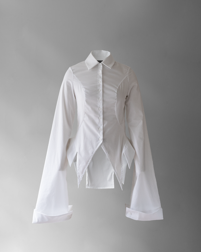 front photo of co11ared blouse, a white blouse with wide long sleeves floating in space on a grey background. 