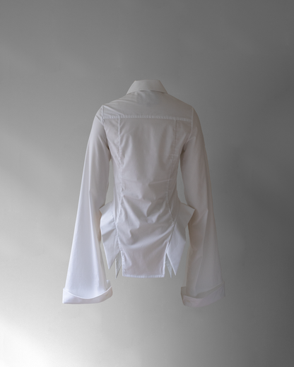 back photo of co11ared blouse, a white blouse with wide long sleeves floating in space on a grey background.