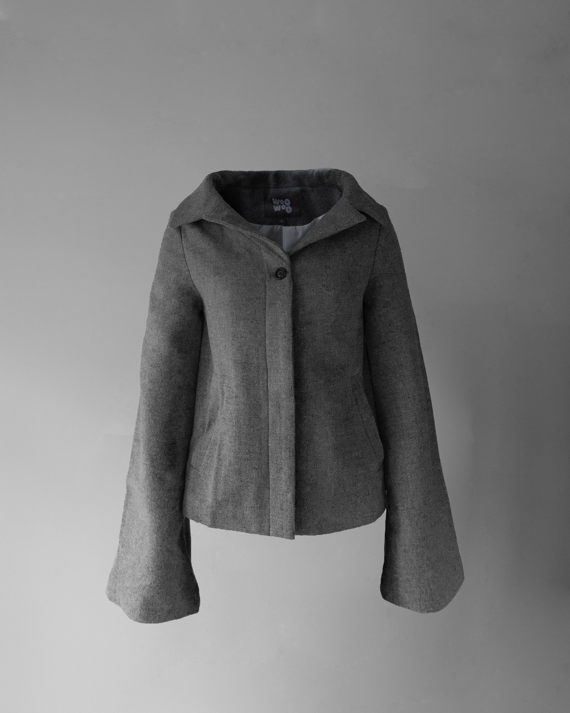 front photo of hello! jacket, a light grey wool jacket with a wide collar, invisible buttons except for the top button, and long sleeves.